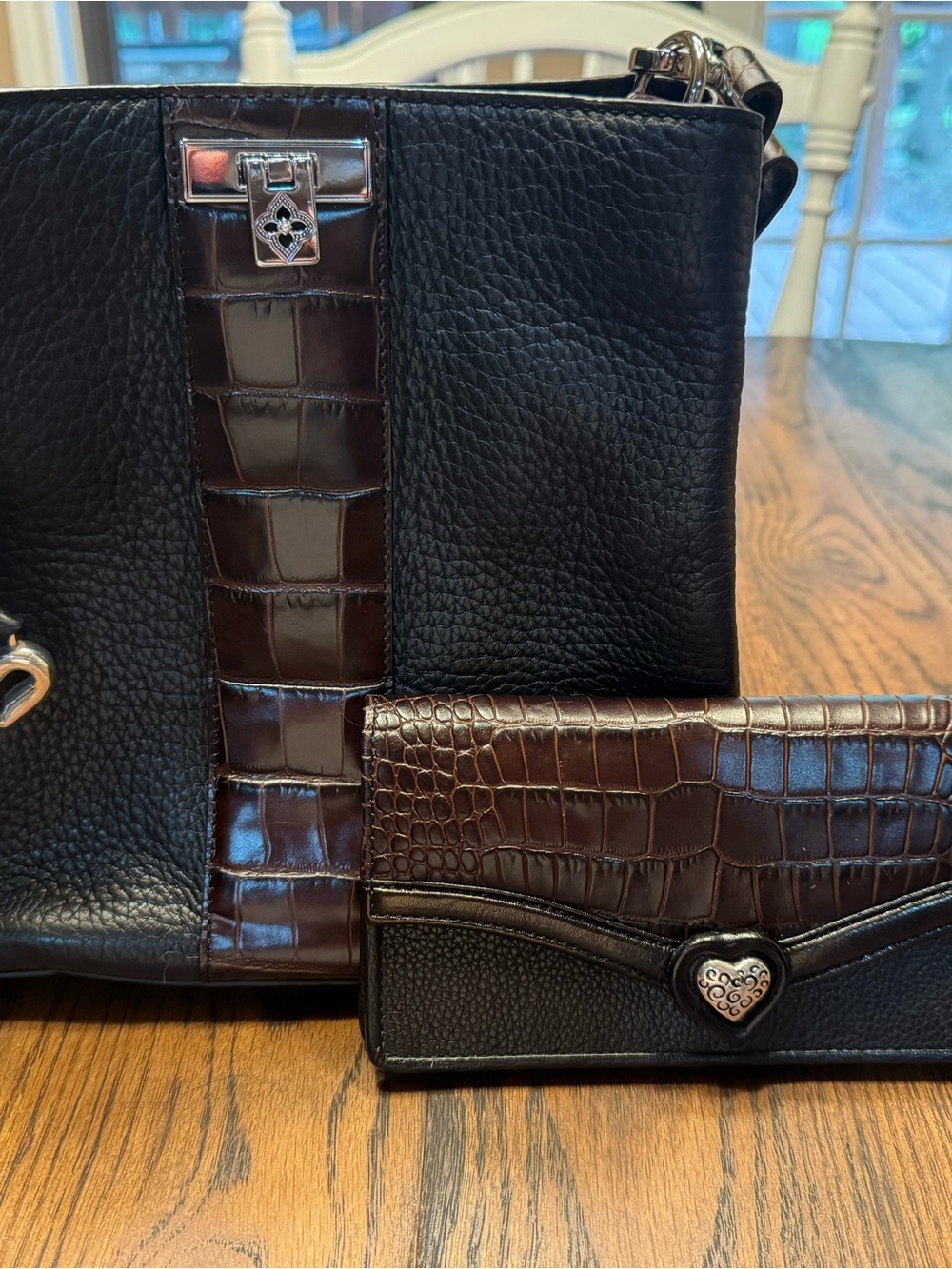Brighton Women's Leather Purse and Matching Wallet Black Brown Croc Pattern